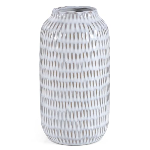 Ceramic Vase for Flowers – Modern Small Ribbed Textured Flower Vase for Home Decor, Pampas Grass, Decorative, Farmhouse, Coffee Table, Kitchen Centerpieces, Bookshelf and Home Living (Glaze White) - color: Glaze White