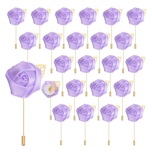 uxcell 24pcs Light Purple Rose Boutonnieres Flower Buttonholes Pocket Boutonnieres Pins for Wedding Ceremony Anniversary Prom Formal Dinner Party - color: Light Purple