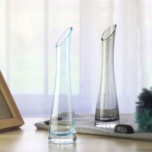 Hand-Made Blown Art Bud Glass Vase Transparet Gray Small Glass Vase Glass Flower Vase Heavy Base Single Stem Flower Drop Vase for Home Wedding Decor (Oblique Mouth-23cm)