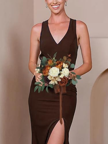 Rinlong Terracotta Bridesmaid Bouquet, Fall Wedding Bouquets | Burnt Orange Silk Bridal Bouquet, Prom, Homecoming, Destination Friendly - color: 01-terracotta & Green