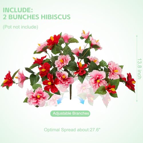 INXUGAO Artificial Flowers for Outdoors Indoors,2 Bunches Fake Hibiscus with Realistic UV Resistant Silk Flower Fabric Leaves,Faux Plants Outside for Home Patio Garden Yard Front Poch Decor(Red,Pink) - color: Hibiscus Red & Pink