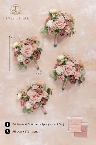 TINGE TIME 7 Inch Wedding Bouquets for Bridesmaid, Set of 4, Artificial Flowers Cascading Bridal Bouquet for Wedding Ceremony Anniversary, Bridal Shower and French Rustic Vintage Wedding (DustyRose) - color: Dusryrose