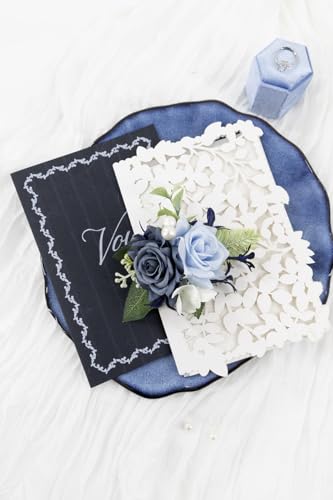 Dusty Blue Corsage and Boutonniere Set for Wedding Prom, Artificial Rose Flower Wrist Corsage Bracelets, Homecoming Corsage Wristlet, Boutonniere for Men Wedding Suit Decorations - color: Dusty Blue