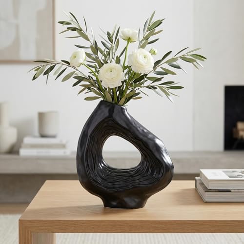 Sunddo 9 Inch Black Ceramic Vase for Modern Home Decor - Donut Decorative Vase for Flowers, Minimalist Boho Style Vase for Living Room, Table Centerpiece - color: Black, size: 9 inch