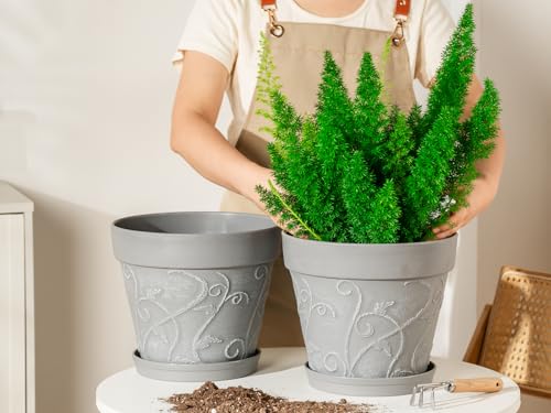 Melphoe Plant Pots Indoor with Drainage & Saucer, 2Pack 10 inch Flower Pots Outdoor Planters for Indoor Plants Garden Home Decor Cactus Succulent, Rigid Plastic (Imitation-Terracotta) Vine-Embossed - color: Cement Grey Color, size: 10''