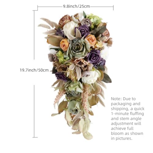 9.8 Inch Vintage Cascading Bridal Bouquet Waterfall Cascade Wedding Bouquet Bride with Artificial Rose Flower Rustic Boho Wedding Bouquet Dusty Green and Dusty Purple - color: Dusty Green & Dusty Purple