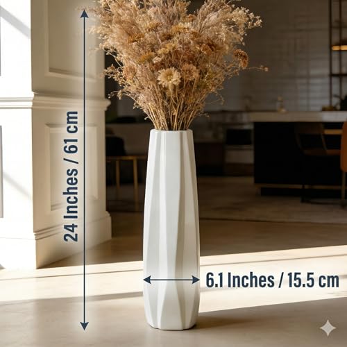 Ceramic Floor Large Vase 24 Inches Tall,White Modern Flower Tall Vases for Office, Home,Farmhouse,Living Room Décor,Simple Origami Design Fall Decorative Porcelain Flower Arrangement Vase Ideal Gift - size: 24 Inch
