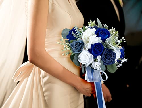 CherishedMoments Bridal Wedding Bouquet, 13.5 Inch Navy Blue Artificial Flowers Bridal Cascading Bouquets,Seaside Beach Wedding Bouquets for Wedding Ceremony and Anniversary - color: Navy Blue