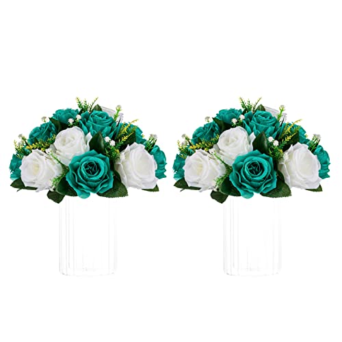 NUPTIO Flower Ball Centrepieces for Tables - Teal & White Artificial Flowers Rose for Centerpieces - Fake Rose Arrangements for Wedding Birthday Party St Patricks Day Decor 2 Pcs - color: Teal & White, size: 2 Pcs