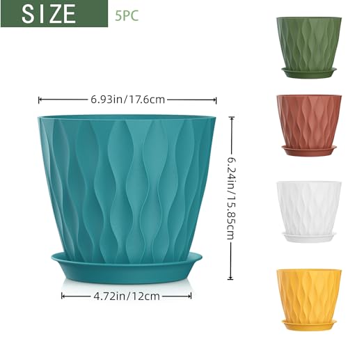 7 Inch Plant Pots 5 Pack, Flower Planters with Drainage Holes and Trays,Plastic Pots for Indoor Outdoor Plants,Multicolor - color: Colorful, size: 7inch 5pc