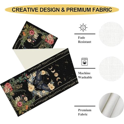 Gothic Moth Table Runner, Boho Vintage Floral Gothic Sun Moon Phase Mystical Witchy Farmhouse Coffee Table Center Decor for Home Kitchen Dining Patio Holiday Party Table Decorations 13x36 inches - color: Tr-moth08, size: 13x36" Table Runner