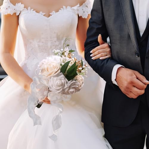 LEIFENY Wedding Bouquets for Bride, Champagne & White Bridal Bridesmaid Flower with Silk Ribbon, Artificial Toss Rose for Civil Ceremony - color: Champagne White