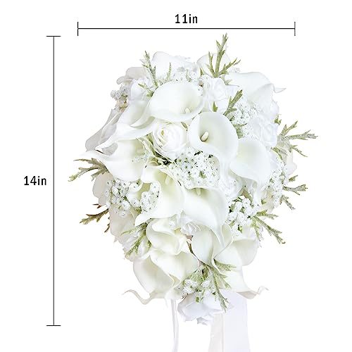 Bride Bouquets for Wedding,11 Inch White Calla Lily Cascading Bridal Bouquet Silk Flowers for Ceremony Anniversary Wedding Bridal Shower(Natural Whites) - color: Natural Whites
