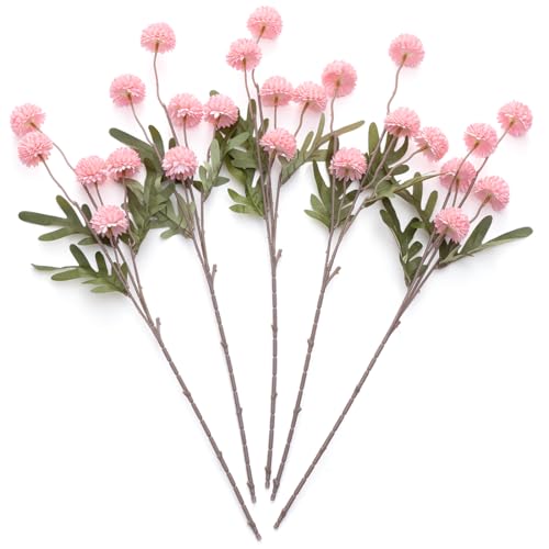 Laelfe 5Pcs Artificial Pompon Mum, Fake Kiku Flowers Silk Small Mini Chrysanthemum Ball Faux Mum Decor for Autumn Filler DIY Bouquet Centerpieces Arrangements Shower (Pink) - color: Light Pink