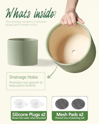 Ceramic Plant Pots, 8.1 + 6 Inch Planters for Indoor Plants, Modern Flower Pot for Plant with Drainage, Medium Cylinder Flower Pots for Indoor/Outdoor, House Plants, Matte Green - color: Matte Green