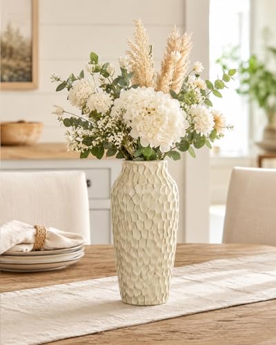 12.4" Yellow Ceramic Vase, Large Rustic Textured Decorative Vase for Farmhouse Home Decor, Tall Pottery Vase for Dried Flowers & Pampas Grass, Warm Accent Centerpiece for Table, Shelf - color: Yellow, size: 12.4 Inch