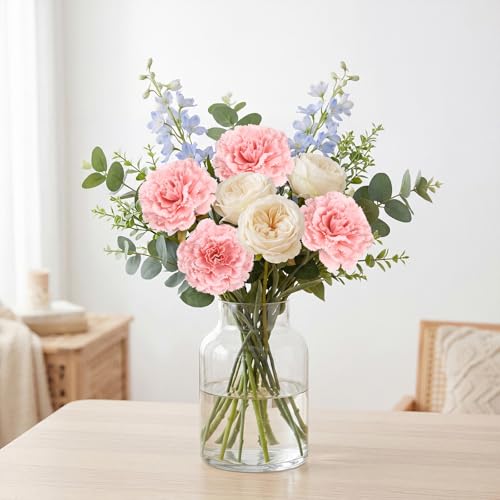 Pink Carnations Artificial Flowers 10Pcs Large Carnations Heads Lush Silk Flowers Bouquet with Stems for Wedding Bouquets Bridal Home Table Centerpieces(Pink) - color: Pink