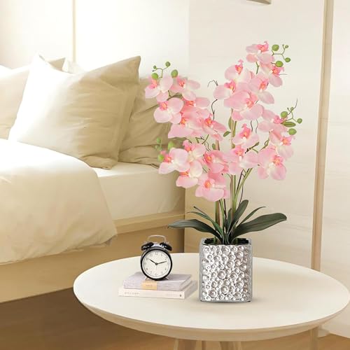 Orchid Artificial Flowers with Sliver Vase Large Silk Faux Phalaenopsis Flowers for Dining Room Table Floral Centerpieces Indoor Decoration,Pink - color: 1302-pink