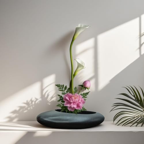 Ikebana Vase Kit - Japanese Oval Ceramic Bowl Vase with 2.8'' Diameter Floral Frog，Kenzan Ikebana Set with Frog Flower Holder for Japanese Flower Arrangement (Black, 2.8'' Floral Frog Included) - color: Black, size: 2.8'' Floral Frog Included
