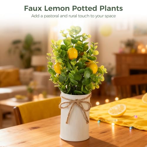 8 Pcs 11.02 Inch Faux Lemon Potted Plants, Realistic Artificial Lemon Trees in Metal Pots for Table Centerpieces, Kitchen Decor & Farmhouse Style, Indoor/Outdoor Use