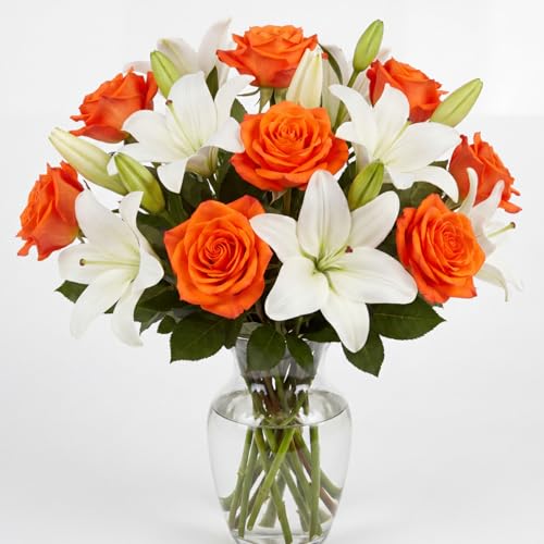 Fake Flower, 16 Pcs Plastic Orange Roses & PU White Lilies, Artificial Flowers Faux Bouquet Realistic for Vase Home Decor Gifts for Mother's Day Table Centerpiece Wedding Bridal Arrangement