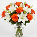 Fake Flower, 16 Pcs Plastic Orange Roses & PU White Lilies, Artificial Flowers Faux Bouquet Realistic for Vase Home Decor Gifts for Mother's Day Table Centerpiece Wedding Bridal Arrangement