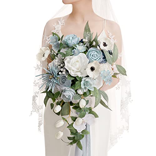 Ling's moment Dusty Blue Bridal Bouquet Cascading, Wedding Bouquets for Bride, 15 Inch Bride Bouquets for Wedding Artificial Flowers Bouquets - color: Blu-dusty Blue, size: Medium 15 Inch