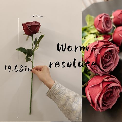 18pcs Artificial Roses, Realistic Fake Roses with Stems, Low Maintenance Real Touch Floral Decor for Home Wedding Table Centerpieces(18, Wine red) - color: Wine Red
