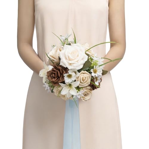 Ling's moment Ivory Artificial Wedding Flower Bouquets for Bridesmaids Brown Floral Bouquet Bridal Bouquets for Bridesmaids with Ribbon Ceremony Anniversary Homecoming,7-inch Diameter - color: Brn-brown