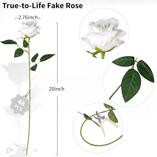 AmyHomie 48 PCS White Roses Velvet Realistic Artificial Flowers with Bendable Stems for Wedding Bouquets Baby Shower Party Home Decor Fake Flowers Gifts for Valentines, Mothers Day, Womens Day - color: White