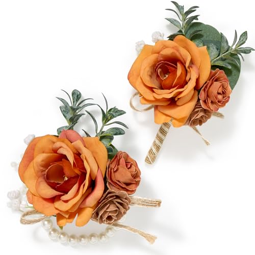 Serwalin Orange Corsage and Boutonniere Set, Boutonniere and Wrist Corsage Wristlet Prom Homecoming Wedding Flowers Accessories Prom Suit Decorations (Orange) - color: Orange, size: 1 Boutonniere & 1 Wrist Corsage - 2pcs
