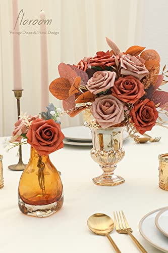 Floroom Artificial Flowers 25pcs Real Looking Burnt Orange & Warm Taupe Foam Fake Roses with Stems for DIY Wedding Bouquets Bridal Shower Centerpieces Floral Arrangements Party Tables Home Decorations - color: Burnt Orange & Warm Taupe, size: 25Pcs