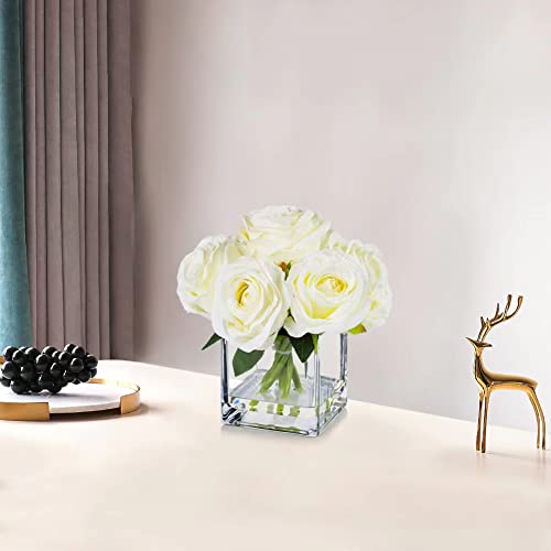 Enova Floral 7 Large Stems Artificial Silk Roses Fake Flowers Arrangement in Cube Glass Vase with Faux Water for Home Office Wedding Decoration (Cream) - color: Cream