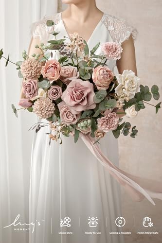 Ling's moment Dusty Rose Wedding Bouquets for Bride, Pink Bridal Bouquets for Bride, 13 Inch Free Form Artificial Wedding Flower Bouquet - color: Pk-dusty Rose & Cream(2026), size: Small 13 Inch