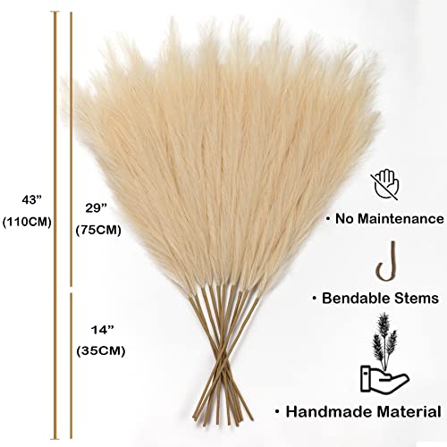 Faux Pampas Grass 6 Stems, Artificial Pampas Grass - 43 inch Total Extra Large Pompass Grass Tall Pompous Boho Flower Arrangement and Floor Vase Filler Home Decor for Room Wedding Party - color: Beige
