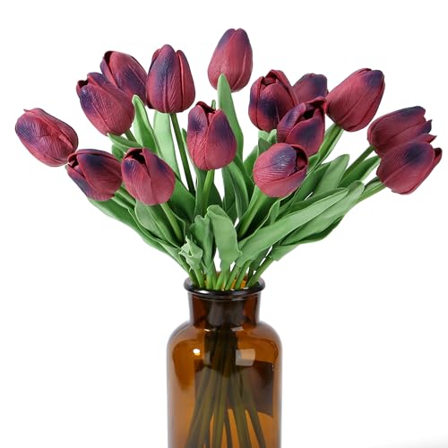 SITUMEIZI 15pcs Tulips Fake Burgundy Artificial Flowers Real Touch 14" PU Flower for Home Decor Easter Spring Wedding Bouquet Decorations Mother's Gift Day Floral Arrangements - color: Burgundy
