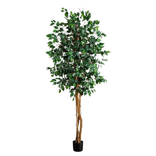 Nearly Natural 74in Artificial Triple Trunk Ficus Tree, Faux Greenery with Natural Wood Trunks for Indoor Home Decor - size: 6ft 2in, style: Tree in Pot