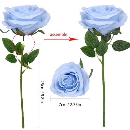 Felice Arts 12 Pack Light Blue Artificial Flowers with Stems Silk Roses Fake Flowers Bouquet for Wedding Table Vase Home Kitchen Party DIY Decor - color: Light Blue