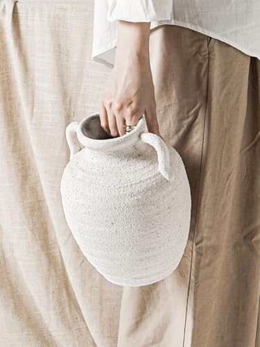 White Ceramic Vase with Handles, 9.5" Large Farmhouse Flower Vase - Rustic Centerpiece for Living Room, Bookshelf, Mantel, Entryway, Table & Wedding Home Decor (Rock Sand White) - color: 9.5 Inch-rock Sand White