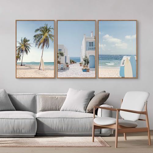 Rantodecor Beach Themed Framed Canvas Wall Art, Palm Tree Surfboard Van Wall Decor, Nordic Blue and White House Art Painting, Modern Relaxing Seascape Artwork for Bedroom Living Room Office 16"x24"x3 - color: Beach Themed, size: 24"x16"