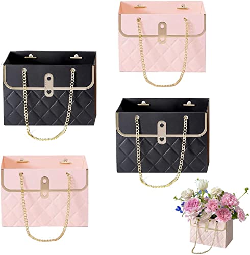 NADUSEP 4 PCS Flower Paper Gift Box, Wedding Bouquet Storage Bucket Florist Handbag with Metal Chain Flower Boxes Gift Wrap Bag for Bridal Shower Wedding Valentine's Day Mother's Day Birthday Festivals Party (Black Pink) - color: Black and Pink