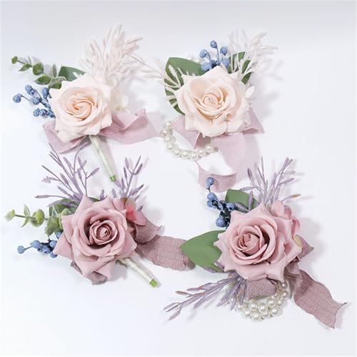 Dusty Pink Corsage and Boutonniere Set for Groom Bride Groomsmen Bridesmaids Wedding Party Prom Artificial Roses Flower Corsage Wristband Boutonniere for Men Wedding Bridal Shower Prom - color: Dusty Pink