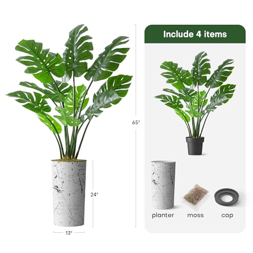 Artificial Tree in Abstract Ink Planter, Fake Monstera Silk Tree for Indoor and Outdoor Home Decoration - 65" Overall Tall (Plant Pot Plus Tree) - style: Monstera Plant