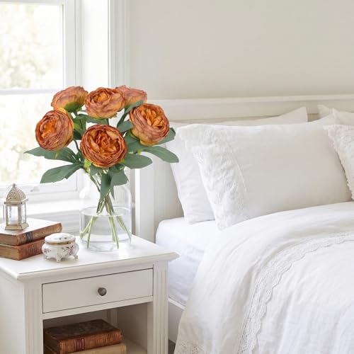 6PCS Burnt Orange Peony Artificial Flowers 19.7" Vintage Faux Peonies Silk Fake Flower Arrangements for Fall Wedding Bridal Bouquet Home Party Office Decoration (Burnt Orange) - color: Burnt Orange