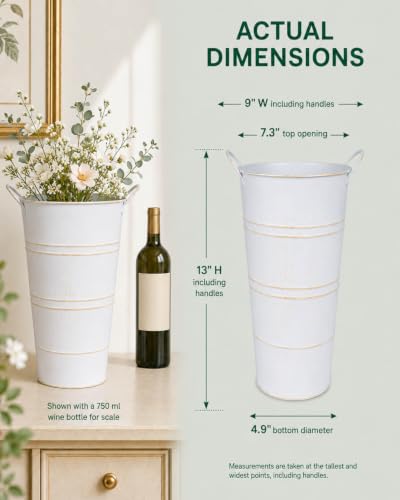 12 Inch Galvanized Metal Vases for Flowers - 6 Pcs Farmhouse Decorative Tall Flower Bucket with Handles, Rustic French Tin Planter Buckets for Wedding Decor (White) - color: White