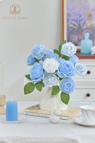 TINGE TIME Rose Artificial Flowers Combo, 23pcs Light Blue Gradient Fake Flowers with Stems for DIY Wedding Bouquets Table Centerpieces Baby Shower Home Party Floral Arrangements Decorations - color: Bluenew