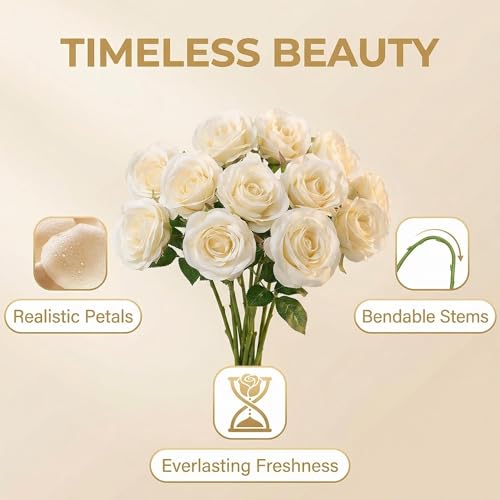 55 Pcs Ivory Roses Artificial Flowers Bulk, Artificial Roses Fake Flowers with Adjustable Stems, Soft Foam Roses for DIY Wedding Bouquets, Bridal Shower Centerpieces, Home Party Decor - color: Ivory