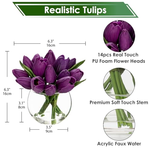 DILATATA Artificial Purple Tulips in Vase with Faux Water 6" Real Touch Flowers Fake Tulips Small Flowers Arrangement in Round Glass Vase for Mother's Day Table Centerpiece Wedding Home Decor - color: Round Vase/Purple/1 Set