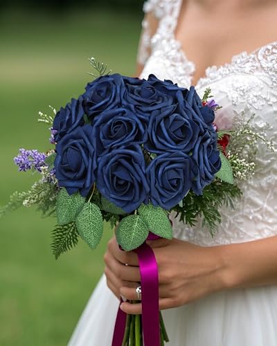 DuHouse 50Pcs Artificial Roses Flowers Fake Roses with Stems Real Touch Foam Flowers for DIY Wedding Bouquet Party Centerpiece Floral Arrangement Party Home Decor(Navy Blue) - color: Navy Blue, size: 50pcs