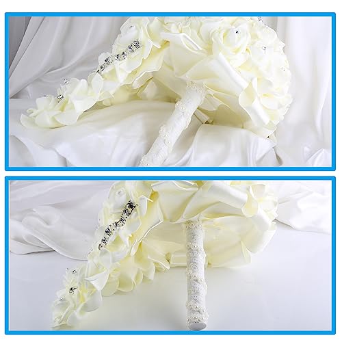 Wedding Bouquets for Brides or Bridesmaids Brick and Stone Decoration Pearl Embellishment Roses Bridal Bridesmaid Wedding Hand Bouquet Artificial Fake Flowers.(Cream) - color: Clear